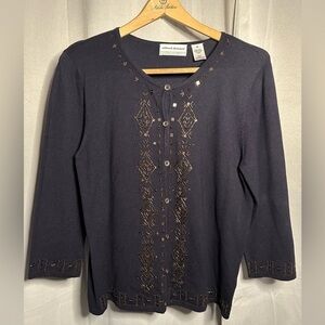 Alfred Dunner Petite Navy Blue Beaded Sequin Cardigan Sweater PS